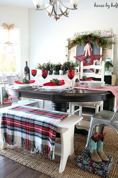 Room, Furniture, Dining room, Table, Red, Interior design, Christmas decoration, Tartan, Home, Design, 