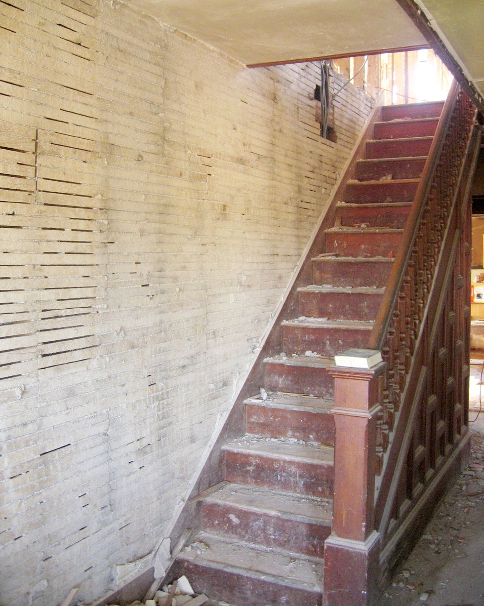 stairs, wall, ceiling, hardwood, wood stain, composite material, handrail, brick, building material, brickwork,