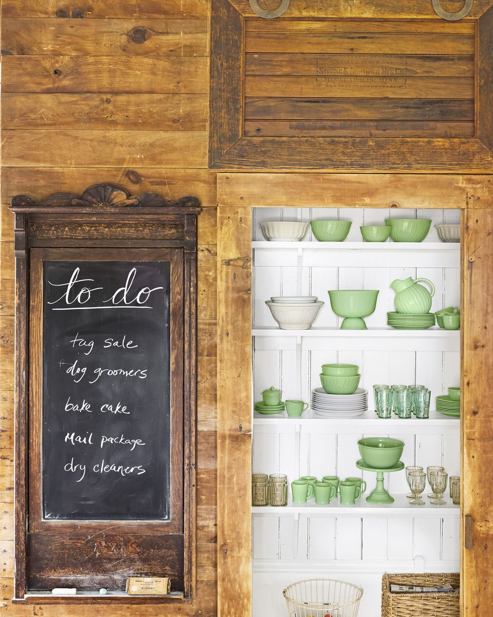 farmhouse pantry with jadeite and ironstone