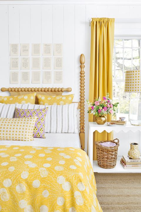Bed, Room, Yellow, Interior design, Bedding, Textile, Bedroom, Bed sheet, Floor, Linens, 