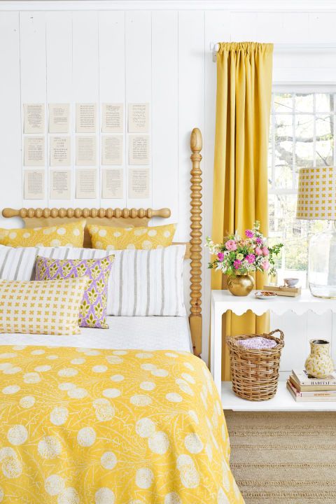 Yellow, Curtain, Room, Furniture, Interior design, Bedroom, Bed sheet, Orange, Bed, Window treatment, 