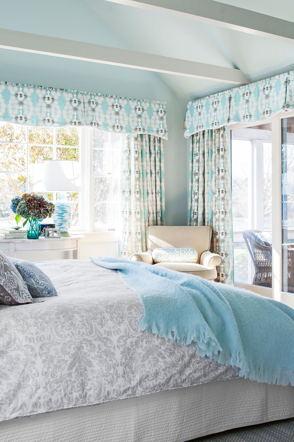 Bedroom, Room, Furniture, Bed, Bed sheet, Blue, Property, Interior design, Turquoise, Aqua, 