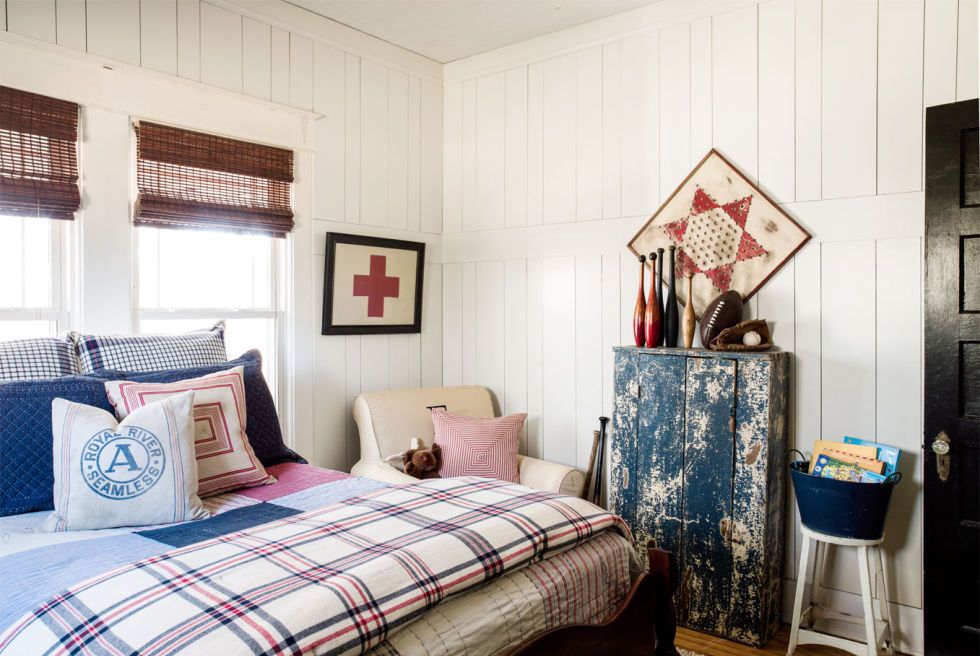 bedroom with blue elements in a farmhouse style