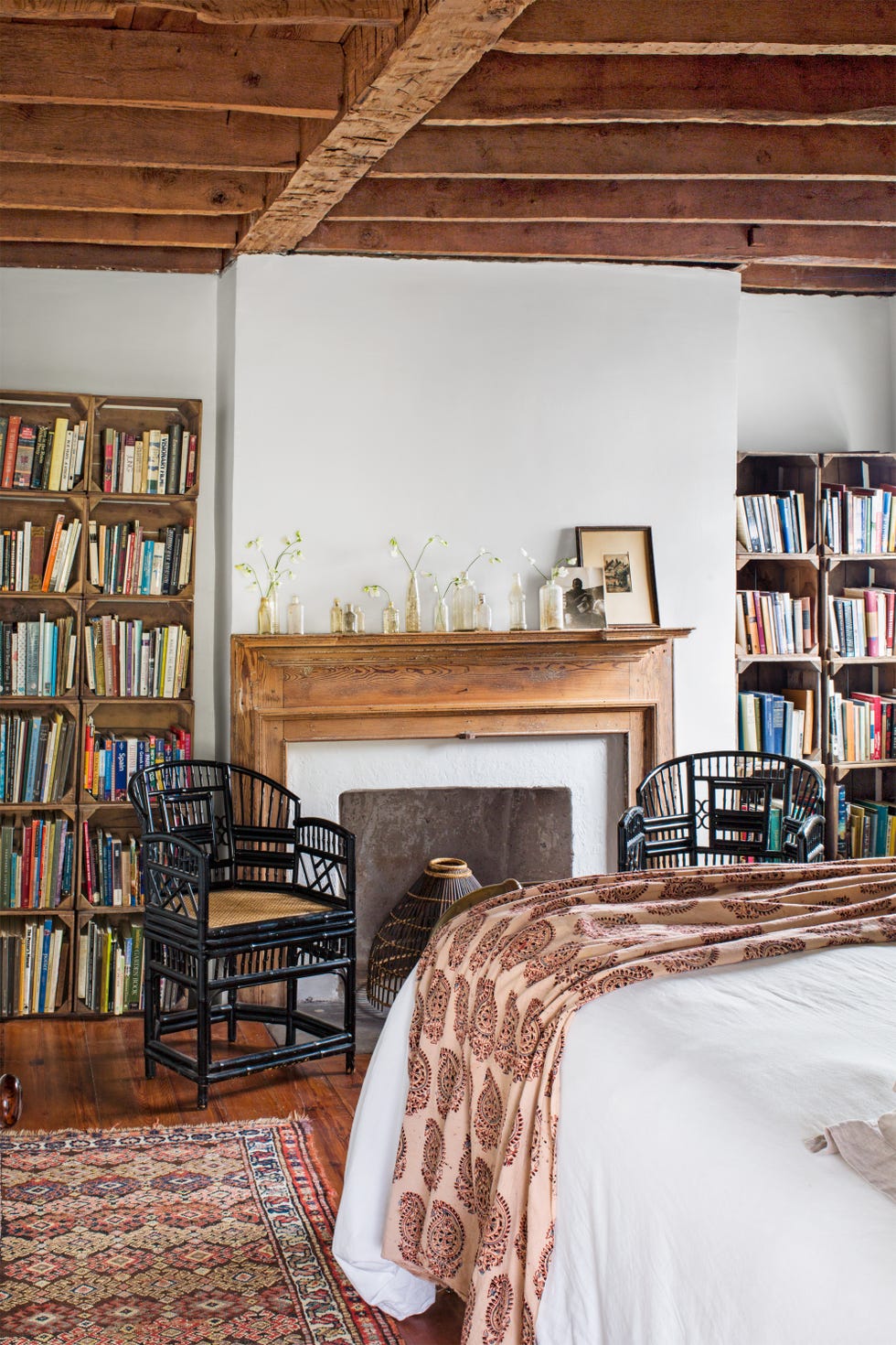 farmhouse style in a bedroom with wood crate shelving