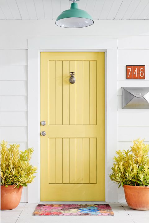 Door, Yellow, Green, Home door, Turquoise, Room, Wood, Window, House, Plant, 