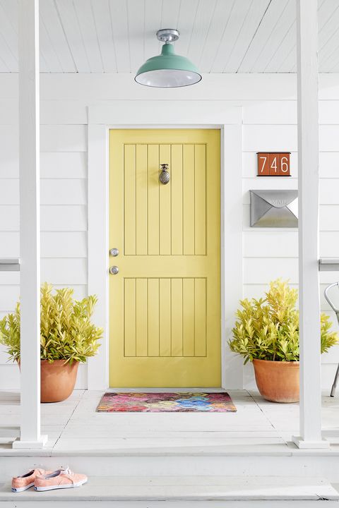 Flowerpot, Yellow, Green, Wood, Door, Home door, Fixture, House, Light fixture, Teal, 