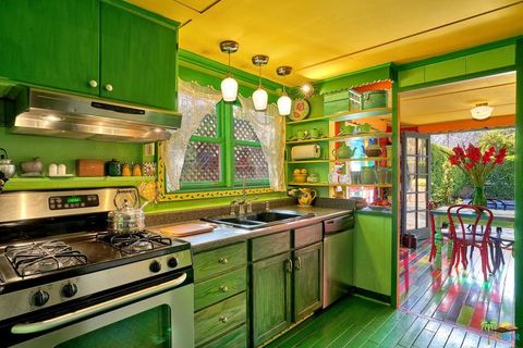 Green, Room, Property, Kitchen, Interior design, Building, Cabinetry, Furniture, Countertop, Real estate, 