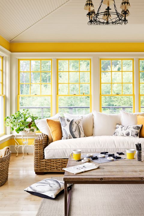 Room, Furniture, Living room, Interior design, Yellow, Home, Property, Window, Coffee table, Window covering, 