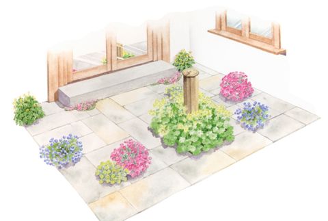 garden plans in annual and perennial flower bed with white chair in our garden in the northwest us
