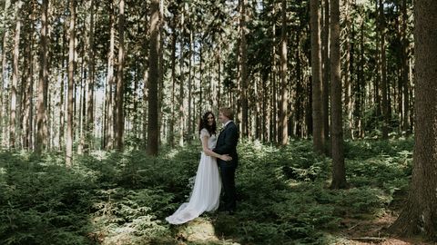 Natural environment, Dress, People in nature, Coat, Forest, Bridal clothing, Gown, Bride, Wedding dress, Woodland, 