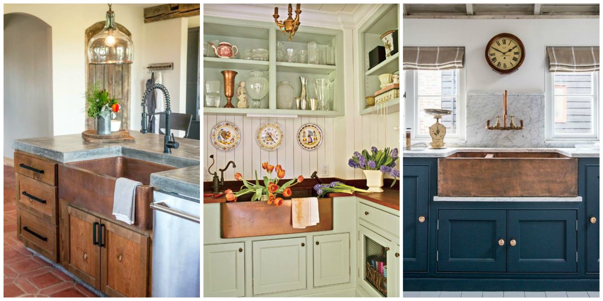 copper farmhouse sink in white kitchen