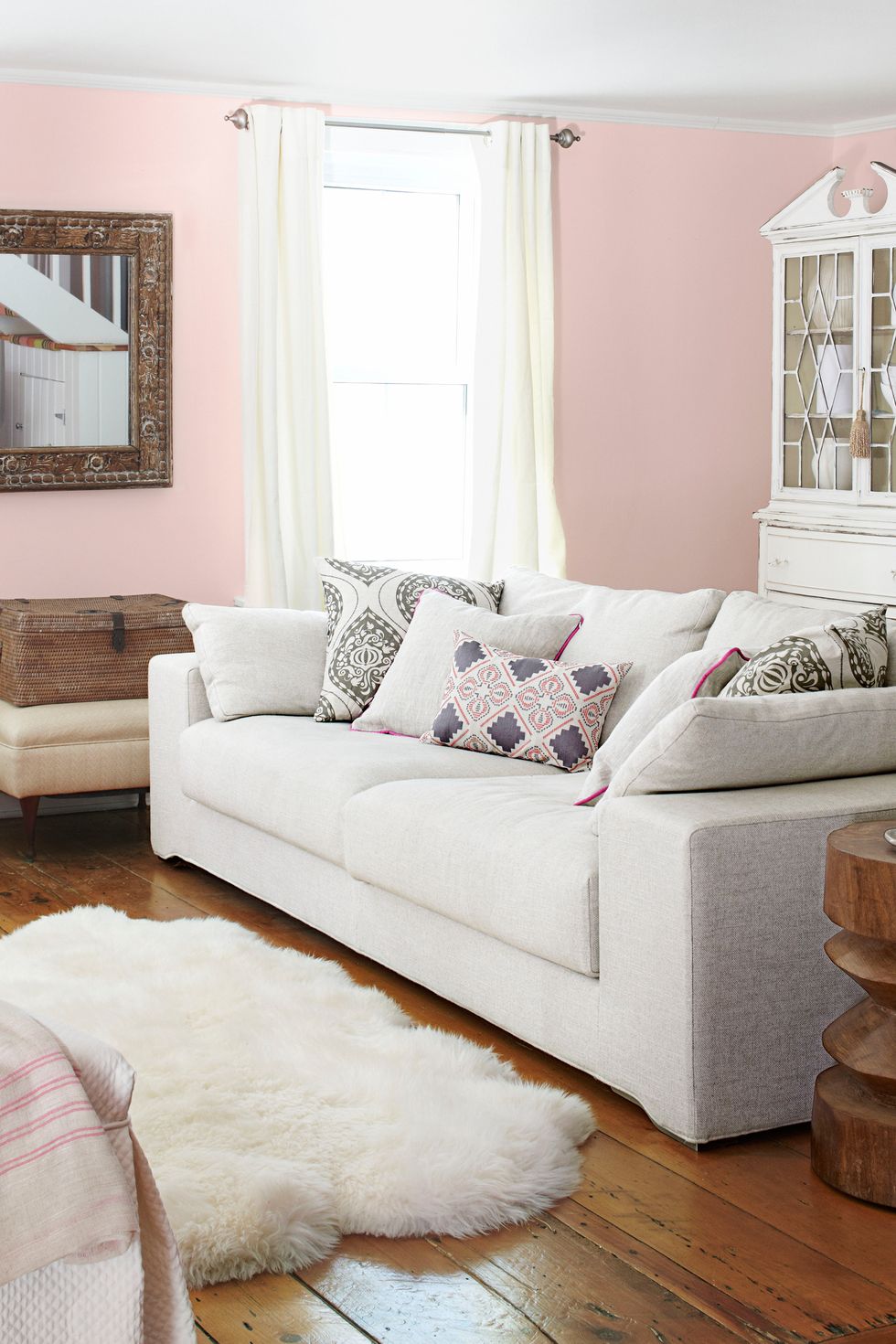 Furniture, Room, Living room, Couch, Interior design, Property, Bed, Floor, studio couch, Pink, 