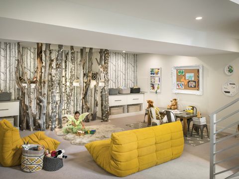 Yellow, Room, Interior design, Couch, Floor, Ceiling, Wall, Basket, Interior design, Living room, 