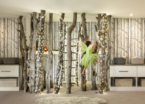 Room, Interior design, Tree, Wall, Floor, Ceiling, Textile, Branch, Curtain, Plant, 
