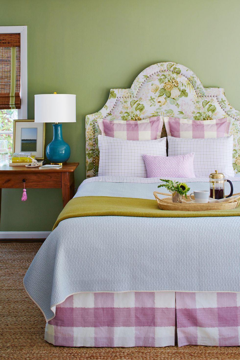 Bedroom, Bed sheet, Bedding, Furniture, Bed, Pink, Room, Green, Purple, Textile, 