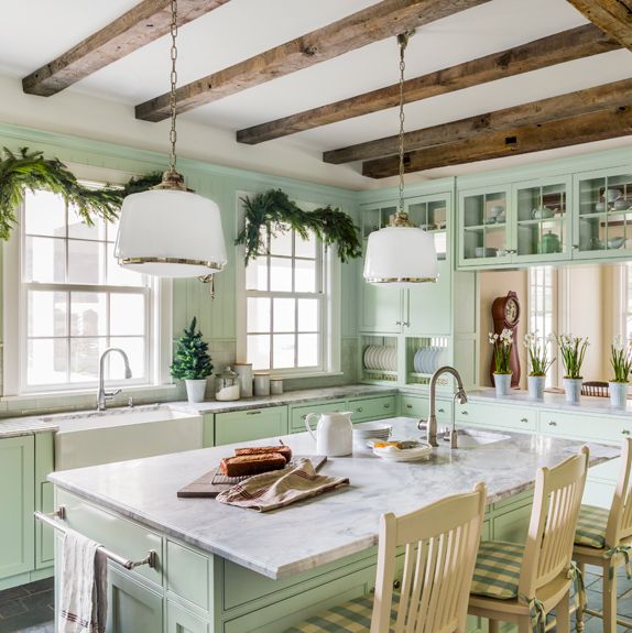 Country style kitchen with mint green, olive green accents