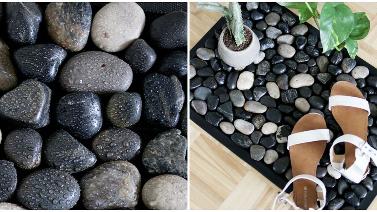 Special! Smooth River Rock Stone Floor Mat, Indoor/ Outdoor - Black
