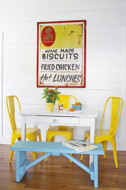 Furniture, Yellow, Table, Room, Chair, Interior design, Paint, Advertising, House, 