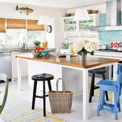 blue and yellow accented kitchen