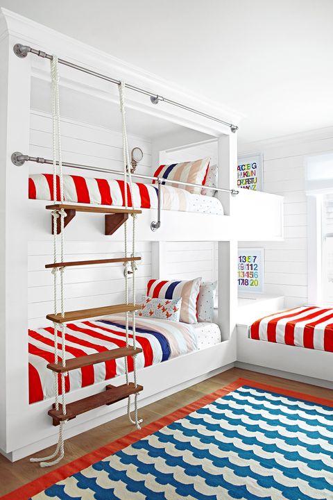 Bed, Room, Furniture, Bedroom, Blue, Red, Interior design, Bed frame, Bunk bed, Bed sheet, 