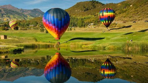 Hot air ballooning, Hot air balloon, Nature, Reflection, Sky, Water, Natural landscape, Balloon, Vehicle, Air sports, 
