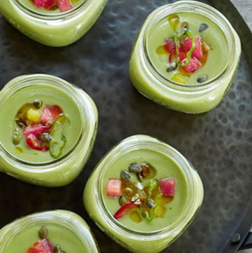 jars filled with cucumber gazpacho
