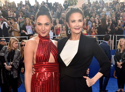 Gal Gadot and Lynda Carter pose on the red carpet for the Wonder Woman premiere.