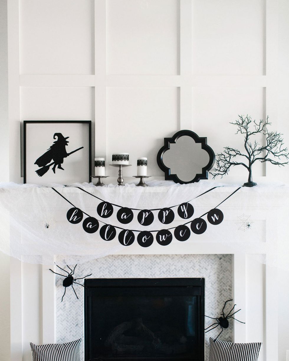 glam black and white halloween mantel