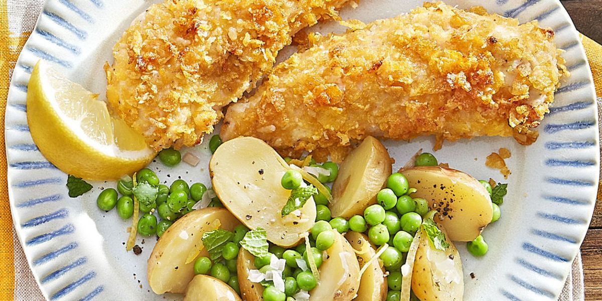 Best Cornflake Chicken Tenders with Potatoes and Peas ...