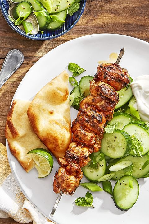 chicken skewers with cucumber salad 