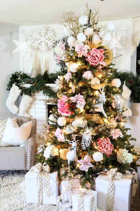 pink gold christmas tree decorating idea