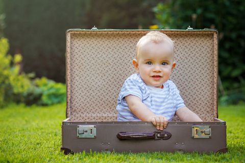 Child, Photograph, Product, Baby, Toddler, Grass, Suitcase, Photography, Play, 