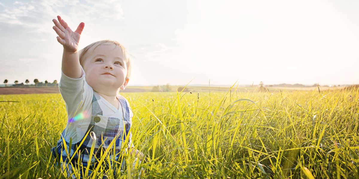 People in nature, Photograph, Grass, Facial expression, Yellow, Child, Grassland, Green, Sky, Meadow, 