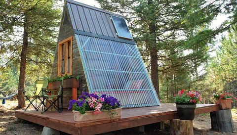 Shed, Technology, Home, House, Cottage, Garden buildings, Tree, Solar power, Solar energy, Window, 