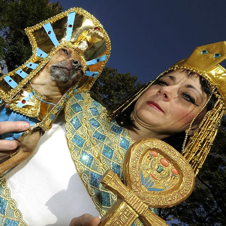 woman and dog dressed as cleopatra
