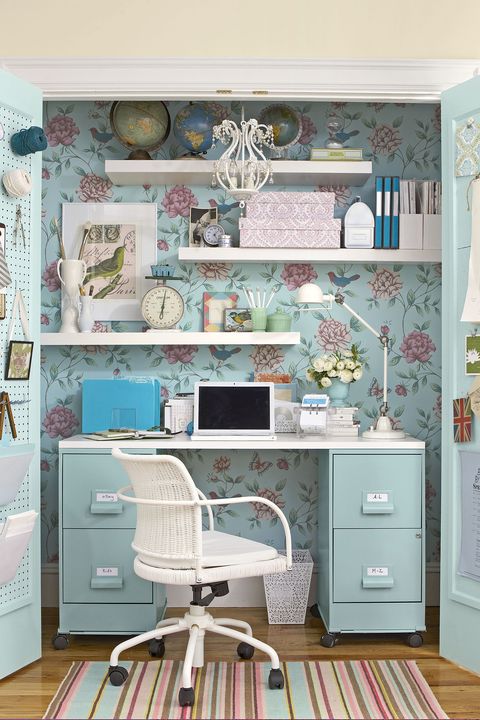 Room, Furniture, Hutch, Wall, Turquoise, Wallpaper, Desk, Interior design, Computer desk, Shelf, 