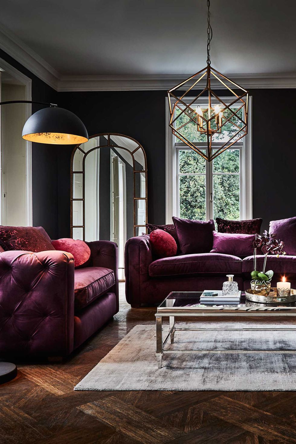 Furniture, Room, Living room, Purple, Interior design, Couch, Property, Violet, Floor, Lighting, 