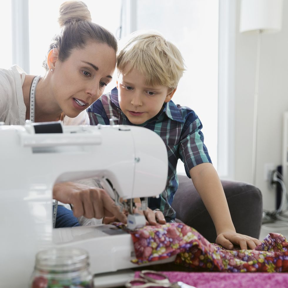 sewing machine, sewing, child, home appliance, dressmaker, art, craft, toddler, fashion design, vacation,