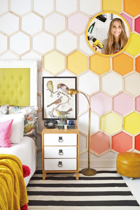 Yellow, Room, Wallpaper, Wall, Interior design, Furniture, Bedroom, Floor, Flooring, Pattern, 