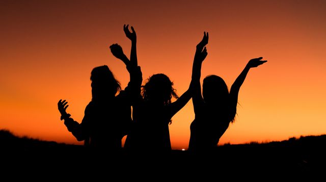 People in nature, Silhouette, Backlighting, Friendship, Sky, Cheering, Happy, Fun, Gesture, Photography, 