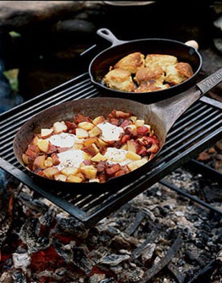 skillets of bacon and egg hash