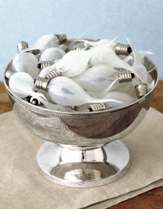 pointed light bulbs in a silver bowl