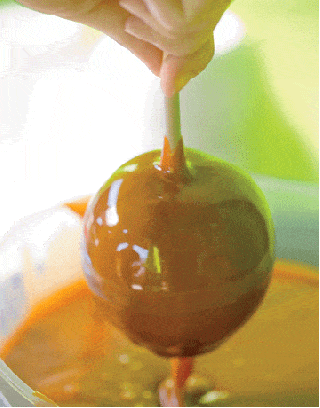 apple being dipped in caramel