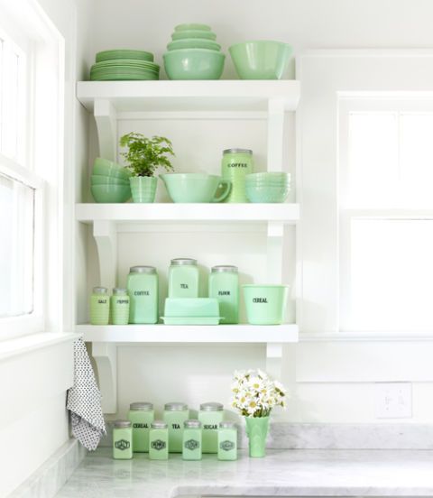 Green, Shelving, Room, White, Dishware, Serveware, Teal, Aqua, Turquoise, Shelf, 