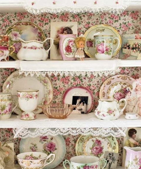 rose china in cupboard