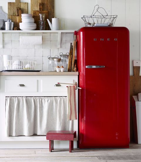 Refrigerator, Major appliance, Red, Room, Furniture, Pink, Kitchen appliance, Home appliance, Material property, Kitchen, 