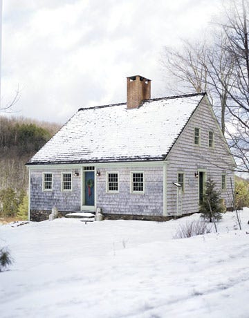 New England Christmas Decorations In Snow Covered Cottage In The Woods