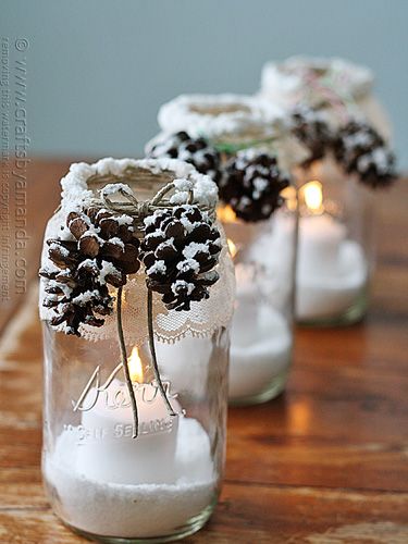 snowy pinecone candle mason jars