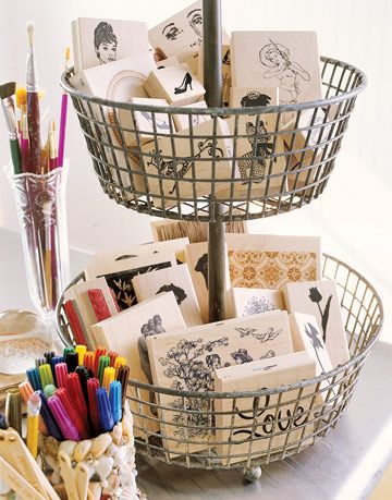 tiered wire basket with wooden stamps