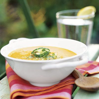 carrot soup with cucumber pistachio relish